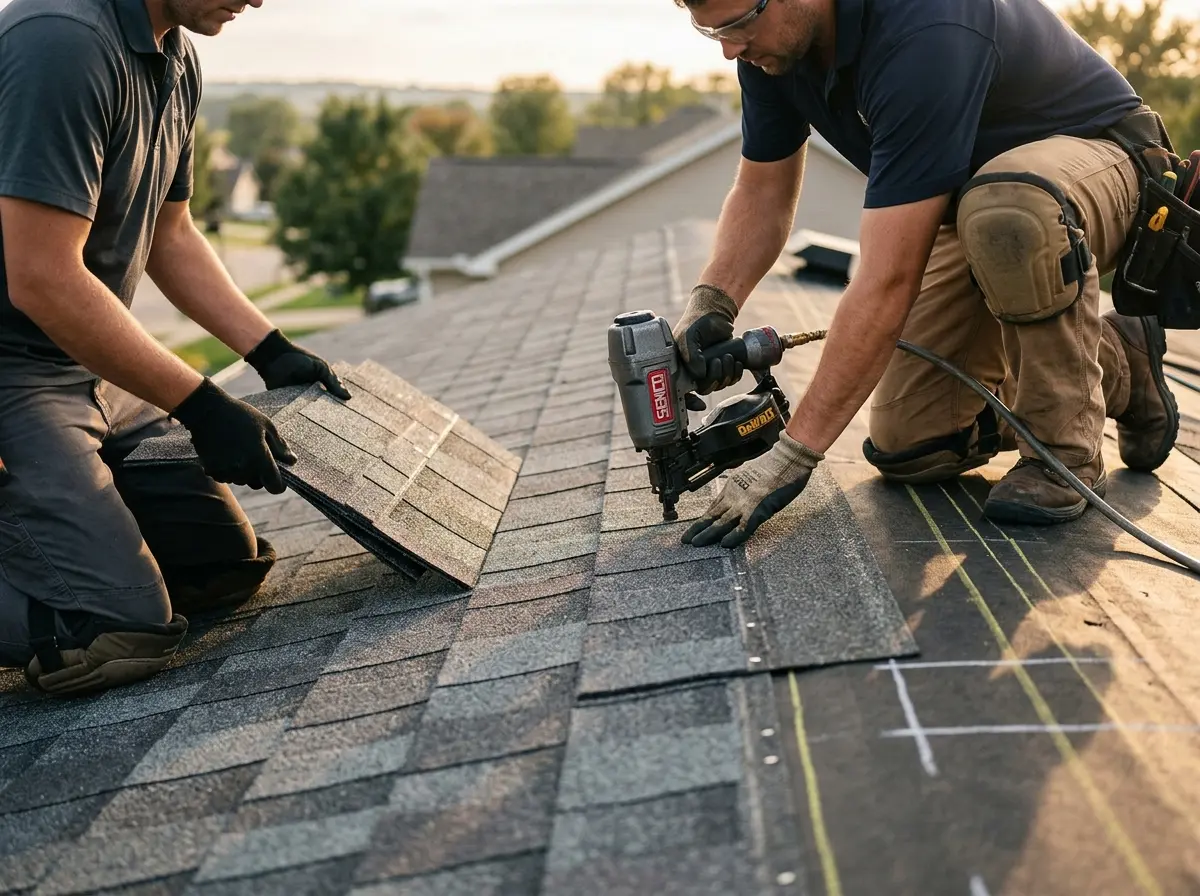 Professional roofer working on a residential roof in Woods Creek